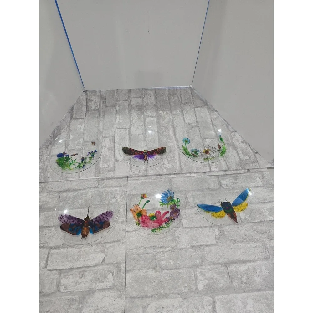 Hand painted‎ Signed Glass Salad Dessert Plates Reverse Floral Entomologist